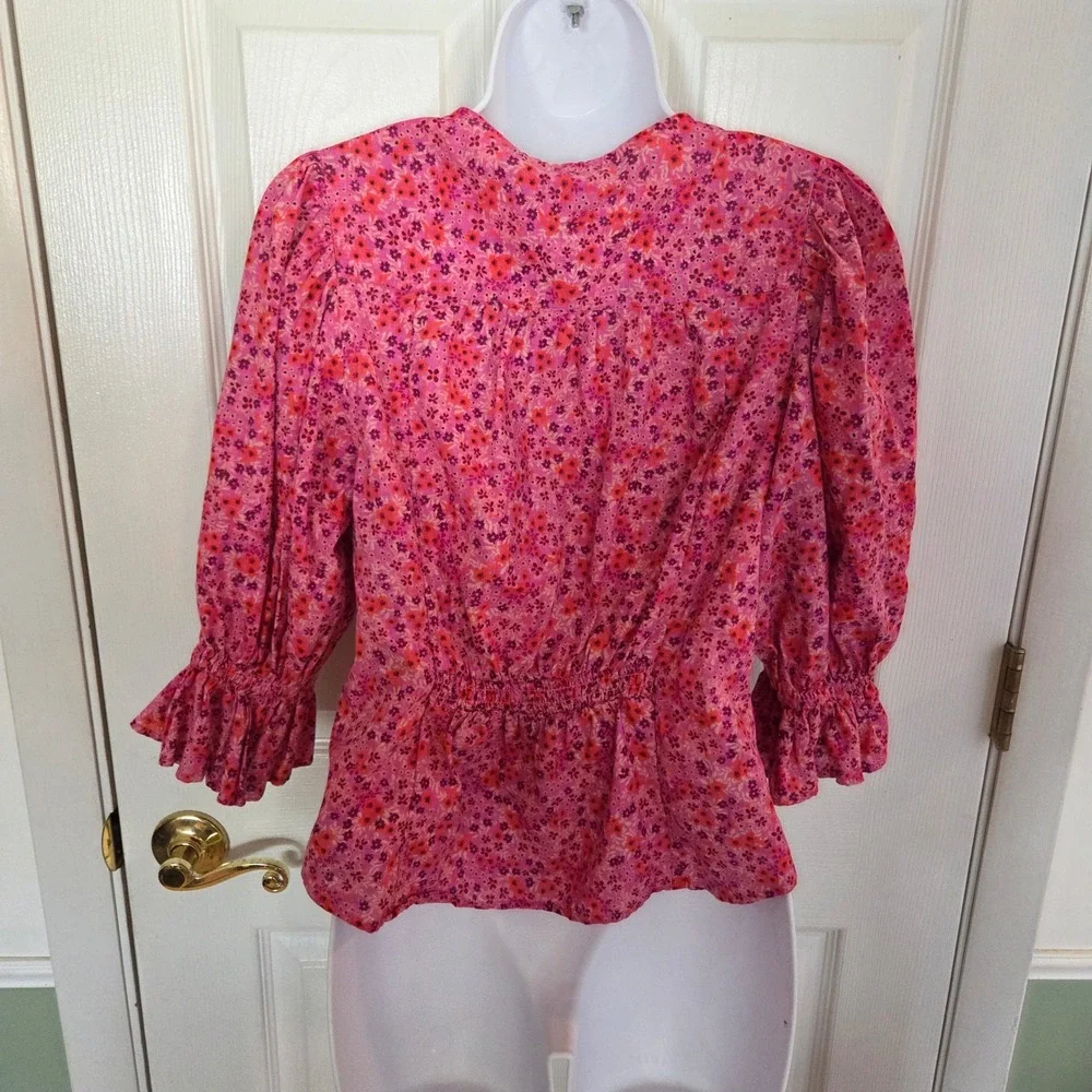 Free People Pink Floral Cotton Puff Sleeve Button Front Blouse Boho Cottage Sm